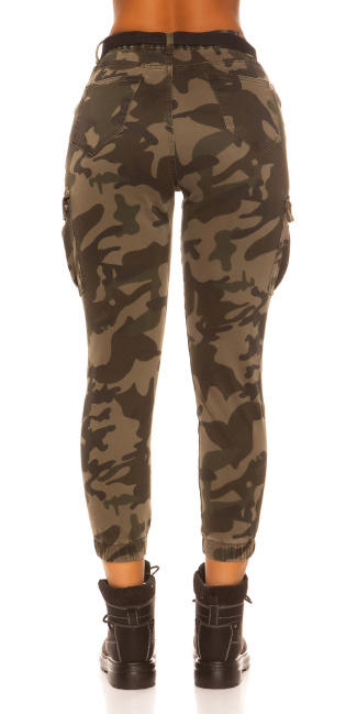 Trendy cargo jeans camouflage met riem leger